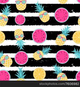 Tropic fruit Pineapple, watermelon and orange seamless pattern background design. Vector Illustration EPS10. Tropic fruit Pineapple, watermelon and orange seamless pattern background design. Vector Illustration