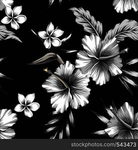 Tropic hibiscus flowers, plumeria and bird of paradise in composition with banana palm leaves. Print trendy seamless floral summer vector pattern in black and white style