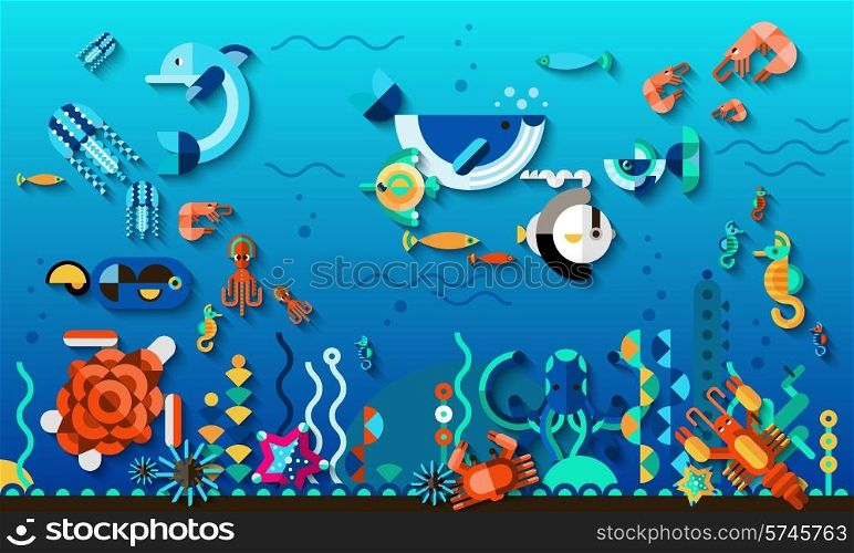 Tropic lagoon underwater world life concept with bright exotic sea fishes vector illustration