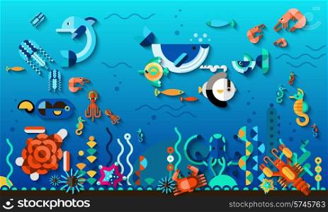 Tropic lagoon underwater world life concept with bright exotic sea fishes vector illustration