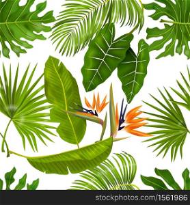 Tropic leaves pattern. Seamless texture with exotic leaves of jungle foliage, monstera and banana palm plants. Vector illustrations greenery pattern with exotic flower. Tropic leaves pattern. Seamless texture with exotic leaves of jungle foliage, monstera and banana palm plants. Vector greenery pattern