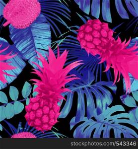 Tropic nature fruit floral seamless pattern. Summer exotic background with leaf banana palm, flowers and pineapple. Jungle vector wallpaper trendy blue pink style.