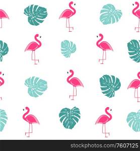 Tropic Palm Leaf and Pink Flamingo seamless pattern background design. Vector Illustration EPS10. Tropic Palm Leaf and Pink Flamingo seamless pattern background design. Vector Illustration
