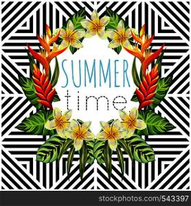Tropic paradise flowers and palm leaves vector print in a trendy mirror style illustrator geometric black and white background. Slogan summer time
