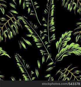 Tropic plants floral seamless jungle pattern. Print vector background of fashion summer wallpaper palm banana leaves in black and blue yellow style