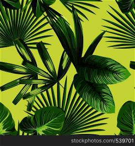 Tropic print summer exotic jungle plant tropical palm leaf and branch. Pattern, seamless floral vector on yellow green background. Nature flower wallpaper.