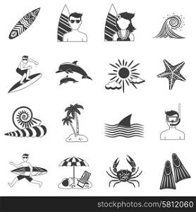 Tropic seashore surfing vacations icons black set isolated vector illustration. Surfing Icons Black