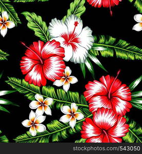 Tropic summer floral hibiscus and plumeria seamless vector pattern with palm banana leaf and plants. Composition with flower jungle background. Print Hawaii hand drawn fashion bunch exotic wallpaper.