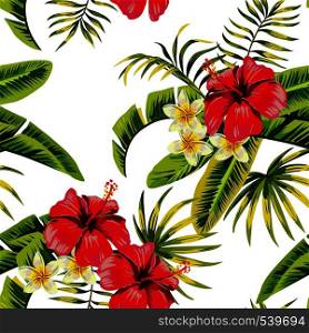 Tropic summer flower hibiscus and orchid Seamless vector pattern with palm banana leaf and plants. Composition with flower jungle white background. Hand drawn fashion bunch exotic flower wallpaper.