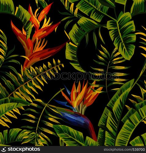 Tropic summer painting seamless vector pattern with palm banana leaf and plants. Floral background jungle bird of paradise. Trendy bunch exotic flower wallpaper.