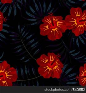 Tropic summer red hibiscus flower with tropical leaves in the jungle at night. Vector seamless pattern
