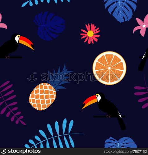 Tropic Toucan bird and palm leaf seamless pattern background design. Vector Illustration EPS10. Tropic Toucan bird and palm leaf seamless pattern background design. Vector Illustration