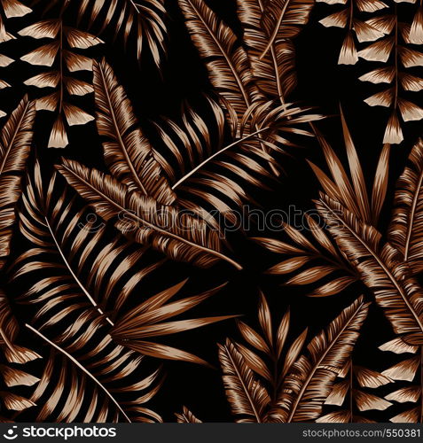 Tropical abstract color brown leaves seamless pattern black background