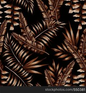 Tropical abstract color brown leaves seamless pattern black background