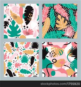 Tropical abstract patterns. Hand drawn seamless jungle leaves backdrop. Abstract contemporary floral vector background illustration set. Palm tree plant bright elements, exotic flora. Tropical abstract patterns. Hand drawn seamless jungle leaves backdrop. Abstract contemporary floral vector background illustration set