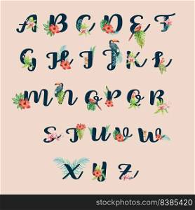 Tropical Alphabet hand writing typographic design summer with plants foliage concept,creative watercolor vector illustration design
