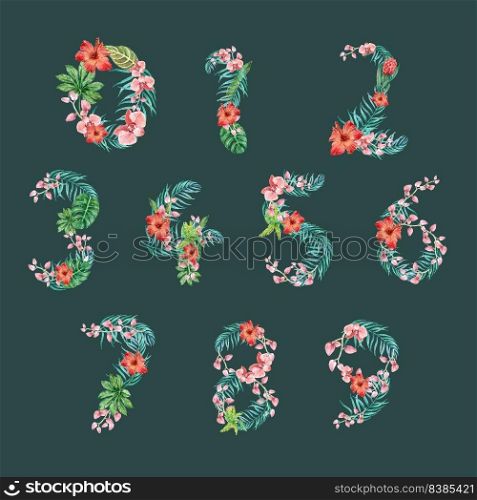 Tropical Alphabet San-serif font typographic design summer with plants foliage concept,creative watercolor vector illustration design