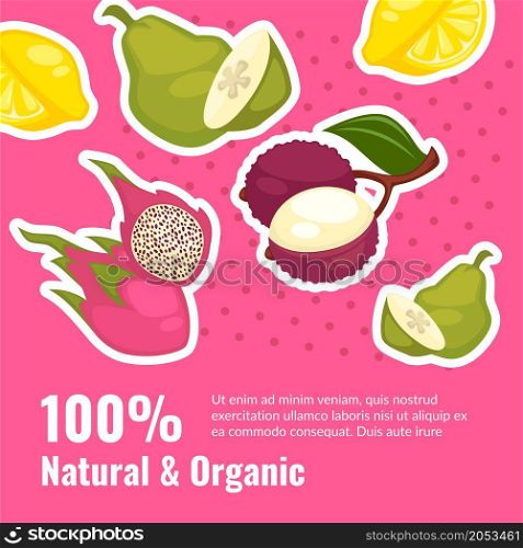 Tropical and exotic fruits, 100 percent natural and organic ingredients for dieting and nutrition. Antioxidant and health. Promo banner, advertisement or food presentation. Vector in flat style. Natural and organic 100 percent tropical fruit
