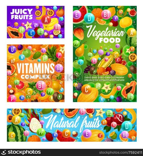 Tropical and farm garden fruits, organic healthy vitamins food. Vector multivitamin complex in exotic fruits pineapple, mango and papaya, watermelon, orange and pomegranate, apple, pear and melon. Juicy fruits and vitamins, natural organic fruits