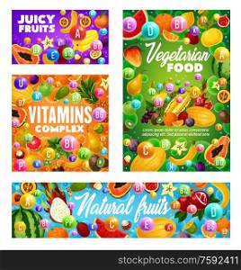 Tropical and farm garden fruits, organic healthy vitamins food. Vector multivitamin complex in exotic fruits pineapple, mango and papaya, watermelon, orange and pomegranate, apple, pear and melon. Juicy fruits and vitamins, natural organic fruits