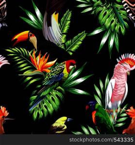 Tropical animals birds parrot macaw and toucan on branch exotic floral banana palm beach tree. Seamless vector wallpaper pattern flower Strelitzia. Decorative abstract design on a black background.