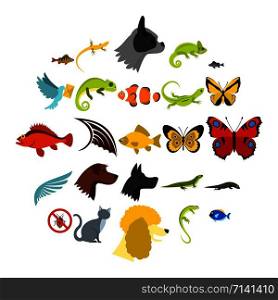 Tropical animals icons set. Flat set of 25 tropical animals vector icons for web isolated on white background. Tropical animals icons set, flat style