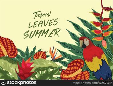 Tropical background of palm trees, parrot and flowers