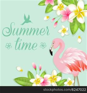 Tropical background with flowers and pink flamingo. Green vector nature background.