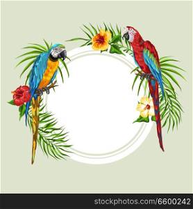 Tropical background with parrots. Palm leaves, hibiscus flowers and exotic birds.. Tropical background with parrots.