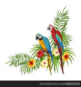 Tropical background with parrots. Palm leaves, hibiscus flowers and exotic birds.. Tropical background with parrots.