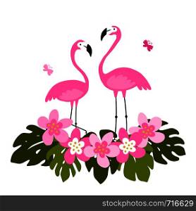 Tropical background with pink flamingos, palm leaves and flowers. Exotic bird.