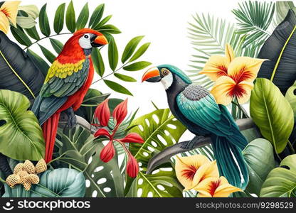Tropical background with plants and birds. Vector illustration desing.