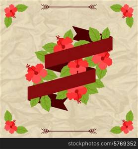 Tropical background with stylized hibiscus flowers and ribbon.