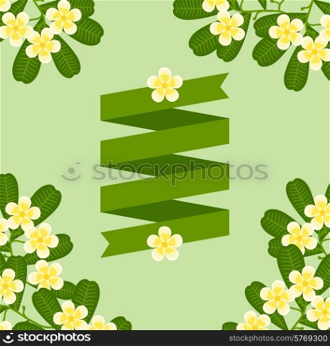 Tropical background with stylized plumeria flowers and ribbon.