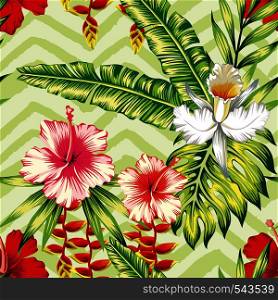 Tropical banana palm leaves and flowers red pink hibiscus white orchid seamless pattern on geometric background