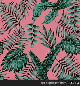 Tropical banana palm leaves green colors seamless pattern on the pink background