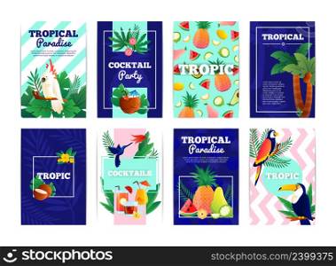 Tropical banners cards set with cocktail party paradise fruits vector illustration . Tropical Banners Cards Set