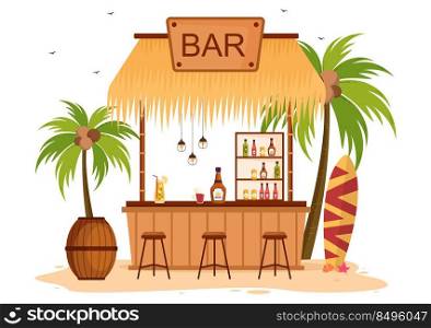 Tropical Bar or Pub in Beach with Alcohol Drinks Bottles, Bartender, Table, Interior and Chairs by Seaside in Flat Cartoon Illustration