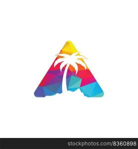 Tropical beach and palm tree logo in triangle shape design. Triangle palm tree vector logo design 