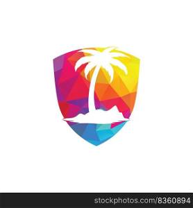Tropical beach and palm tree logo with shield shape design. shield palm tree vector logo design 