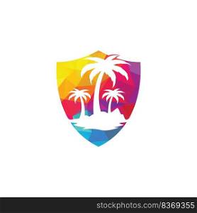 Tropical beach and palm tree logo with shield shape design. shield palm tree vector logo design 