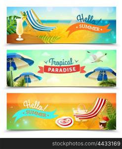 Tropical Beach Banners Set . Tropical beach resort horizontal banners set with deck chair and cocktail cartoon isolated vector illustration