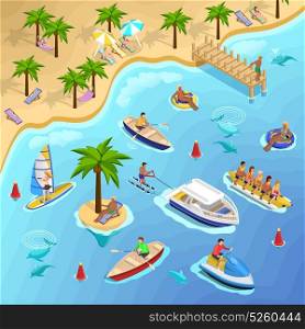 Tropical Beach Boating Background. Sea beach vacation isometric composition with tropical landscape and people sunbathing sailing surfing and banana boating vector illustration