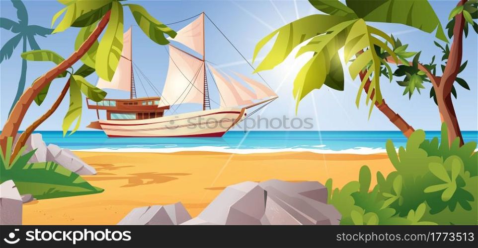 Tropical beach landscape with sailing ship, palm trees, stones, sea or ocean, bushes and rocks. Place for rest. Cartoon vector illustration.