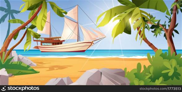 Tropical beach landscape with sailing ship, palm trees, stones, sea or ocean, bushes and rocks. Place for rest. Cartoon vector illustration.