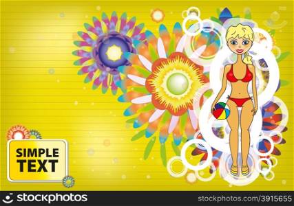 Tropical beach party background with circles and tan girl