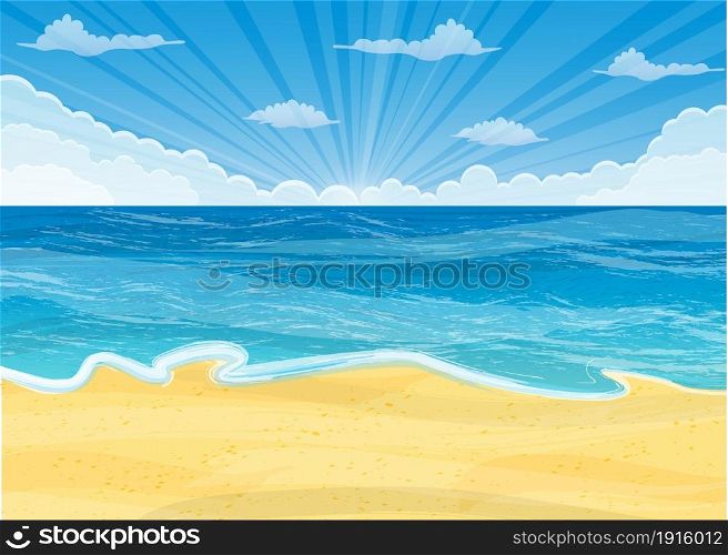 Tropical beach. Sandy beach under the bright sun. Vector illustration in flat style. Sandy beach under the bright sun