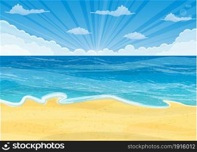 Tropical beach. Sandy beach under the bright sun. Vector illustration in flat style. Sandy beach under the bright sun