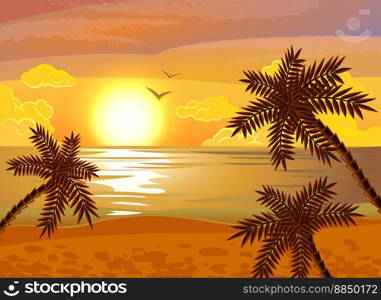 Tropical beach sunset poster vector image