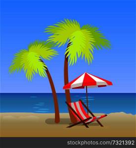 Tropical beach with chaise lounge under pam trees, striped umbrella and sunbed on coastline, vector illustration of summer time landscape, sea and sand. Tropical Beach with Chaise Lounge Under Pam Trees